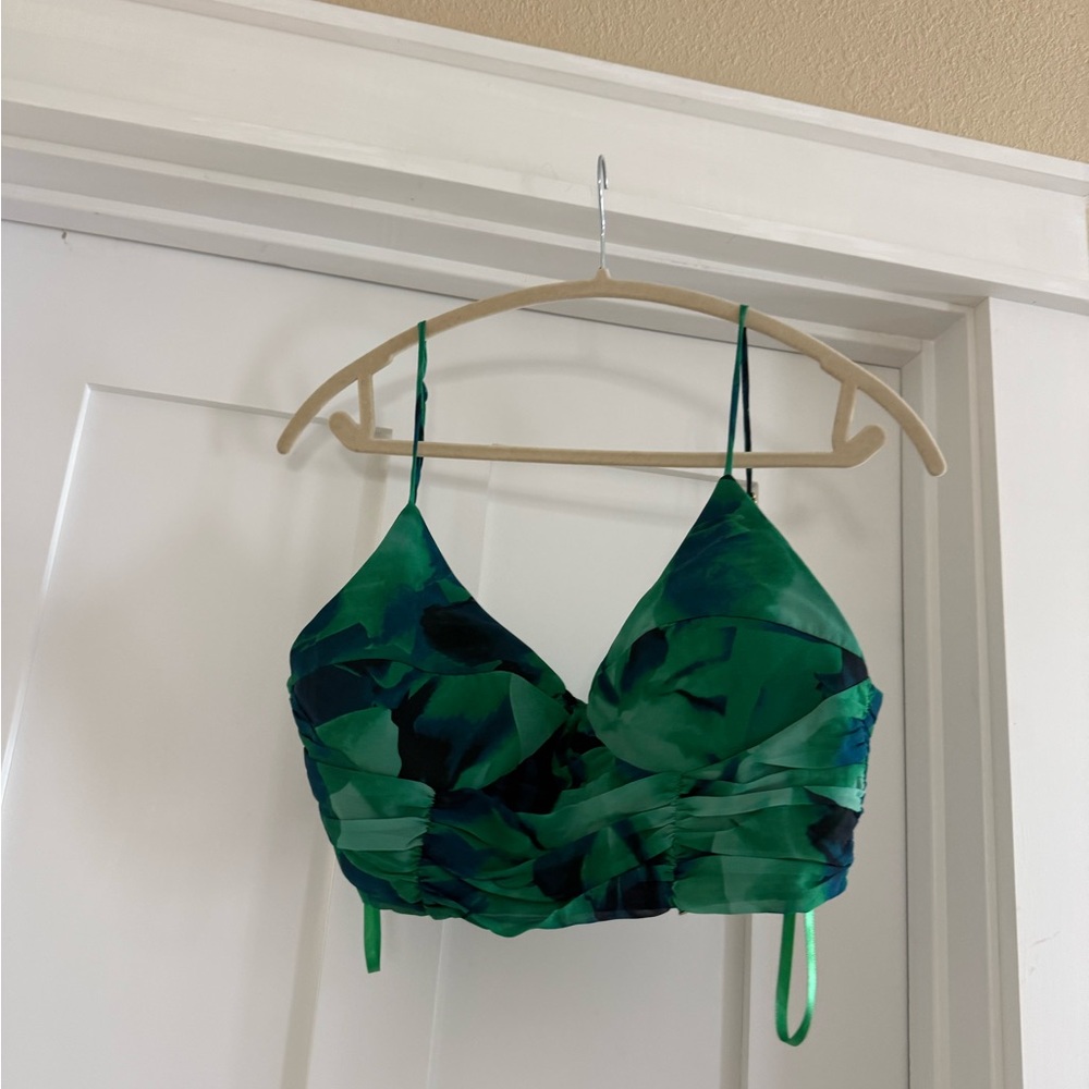 Green Printed two piece crop top and skirt by RNWY. Hemmed perfectly for 5’6”